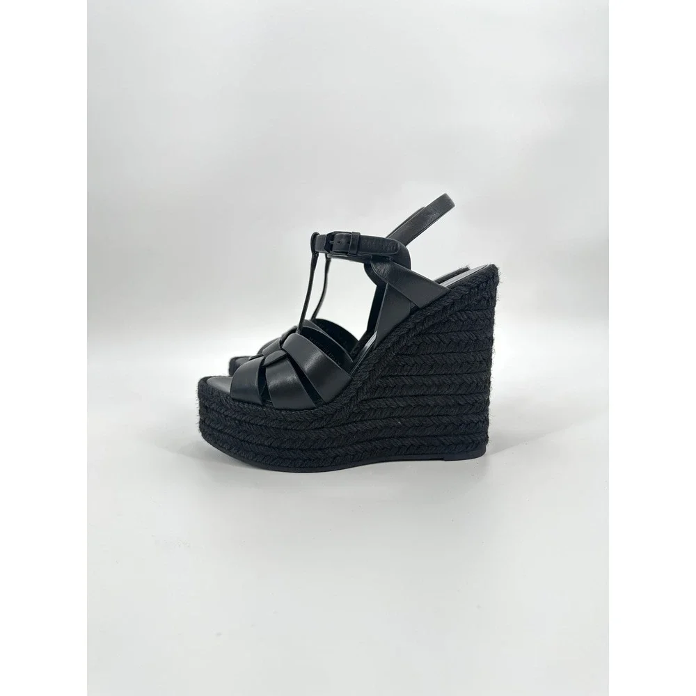Saint Laurent Tribute Black Leather Espadrille Wedge Sandals Size 37